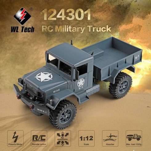 Nagy WLToys Full Finomvezérlésű 1:12 Dodge Military Truck Pakolható M35 2.4GHz 4WD Katonai Teherautó Modell 1.2Kg Teherbírás 15km/h