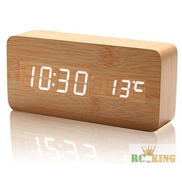   Dizájn Fa Hatású Multifunkciós Óra Ébresztés Hőmérő Taps Világos vagy szürke fenyő színben