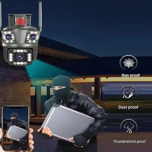 3 Kamerás Intelligens 360°-os Panoráma WiFi HD Biztonsági Kamera – Éjjellátó, Három Kamerás Megfigyelőrendszer Elriasztó Rendőr Kamera Villogóval