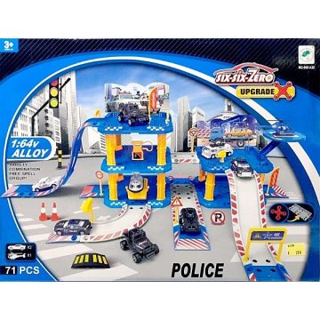   Police 71 Darabos Kisautó Autó Parkoló Parkolóház Szett 3 Emeletes 1:64 Fém Autókkal 2 Db Autó 1 Helikopter