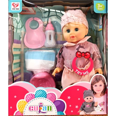 Gufan Itatható Pisilő és Beszélő Polly Játékbaba Cumisüveggel Bilivel és Tépőzáras Babaruhával – 33 cm