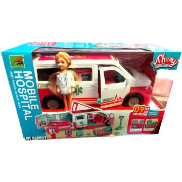   Mentőautó Szett Babával, 12 db-os minden ajtó mobil, hangok és fények, Mobilkórház Játék készlet