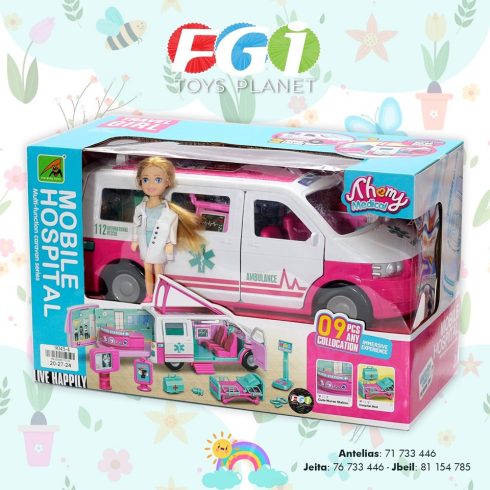 Mentőautó Szett Babával, 12 db-os minden ajtó mobil, hangok és fények, Mobilkórház Játék készlet