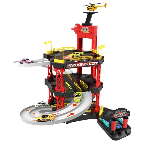 Bowa 8026 Nagy Kisautós Parkoló Szett  55 darabos Játék 3+ Gyerekeknek 4 fém autó 1 Helikopter
