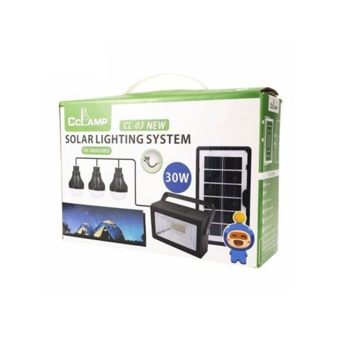 CCLamp Napelemes világítás készlet 3 db LED lámpával kábelekkel, 30W-os mini reflektorral és power bankkal. CL-03New