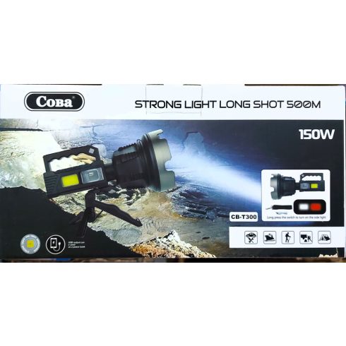 Nagy Kézi Keresőlámpa Extra erős LED lámpa Akkumulátorral tripod állvánnyal 500M, 150 W - COBA-CB-T300