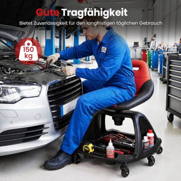   330 LBS teherbírású garázs mechanikai szék háttámlával, 6 univerzális kerekekkel és eszköztároló tálcával - piros
