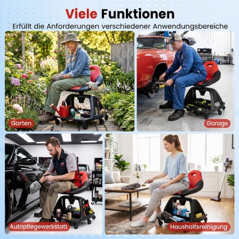 330 LBS teherbírású garázs mechanikai szék háttámlával, 6 univerzális kerekekkel és eszköztároló tálcával - piros