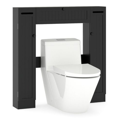 Wc feletti szekrény állítható polcokkal és WC-papír tartóval, helytakarékos fürdőszobai szekrény fekete