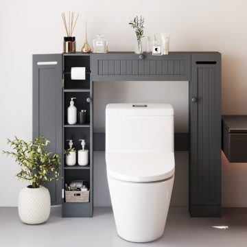   WC feletti szekrény állítható polcokkal és WC-papír tartóval, helytakarékos fürdőszobai szekrény, szürke