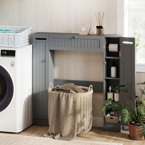 WC feletti szekrény állítható polcokkal és WC-papír tartóval, helytakarékos fürdőszobai szekrény, szürke