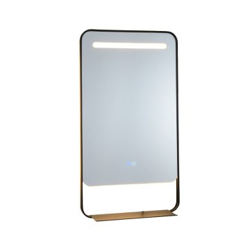  80 x 60 cm-es LED-es fürdőszobai tükör polccal, alumínium kerettel, sminktükörrel, arany