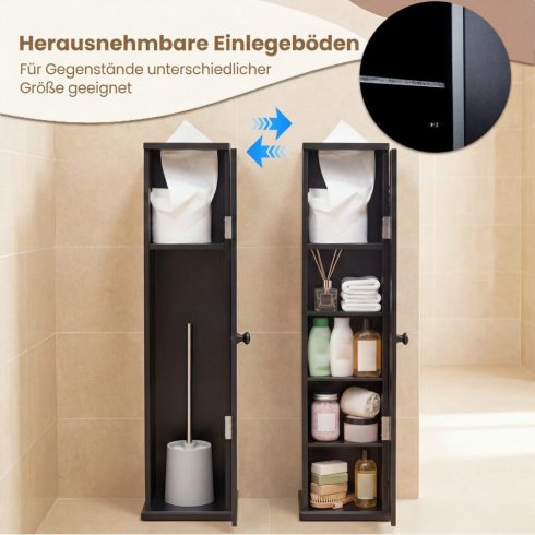 Keskeny fürdőszobai szekrény 3 kivehető polccal, 16 cm széles, WC szekrény, fekete