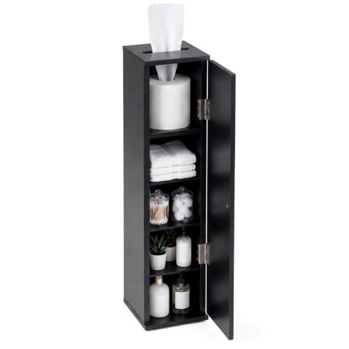 Keskeny fürdőszobai szekrény 3 kivehető polccal, 16 cm széles, WC szekrény, fekete