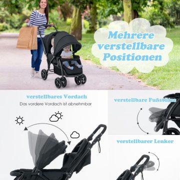   Testvér buggy összecsukható iker babakocsi állítható háttámlával & lombkorona 30 kg teherbírás fekete