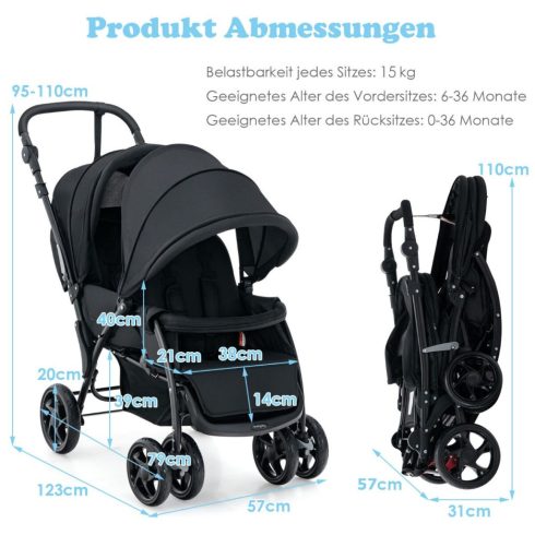 Testvér buggy összecsukható iker babakocsi állítható háttámlával & lombkorona 30 kg teherbírás fekete