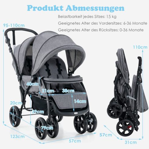 Testvér babakocsi Összecsukható Testvér babakocsi iker babakocsi Twin Buggy szürke