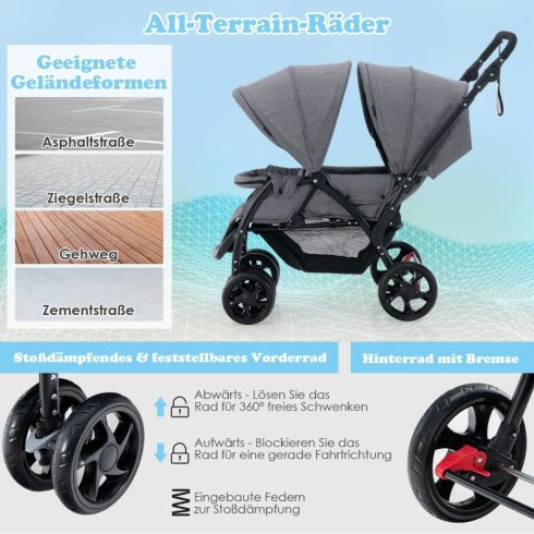 Testvér babakocsi Összecsukható Testvér babakocsi iker babakocsi Twin Buggy szürke
