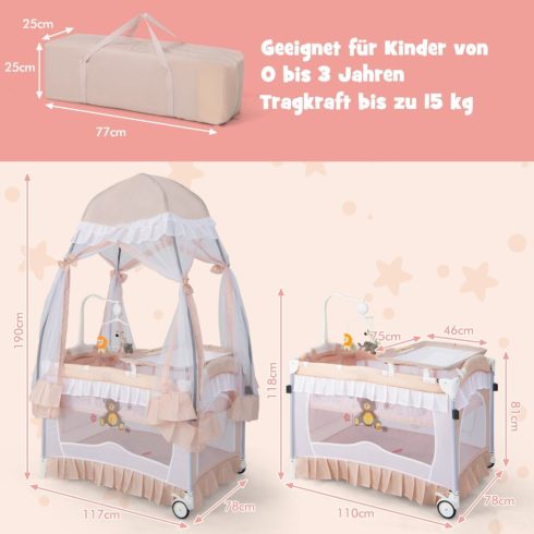 4 az 1-ben babaágy kivehető baldachinnal, utazóágy matraccal, oldalsó ágy kerekekkel, rózsaszín