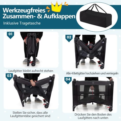 Baba utazóágy 4 állítható magasságú pelenkázó asztalmatraccal, védőhálóval, alsó tároló játékrúddal, fekete