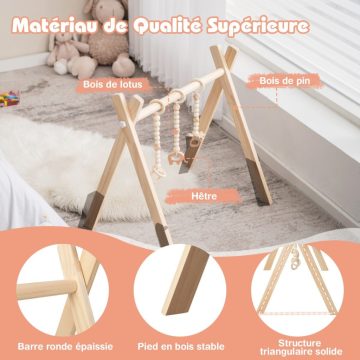   Fa Baby Gym Játék edzőterem 3 hónapos és idősebb babáknak 3 db BPA-mentes medállal háromszög alakú 60x44x60cm természetes
