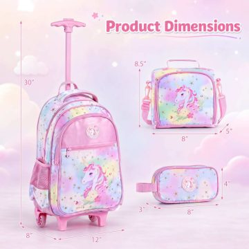   Unicorn mintás 3 részes guruló hátizsák készlet ebédlőtáskával és rózsaszín tolltartó 3+ gyermek számára teleszkópos fogantyúval