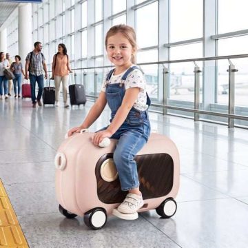   Guruló kisgyermek bőrönd kerekekkel, kihajtható oldalpedálokkal és ülés, 25 kg teherbírás, rózsaszín