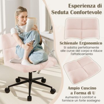   Keresztes lábú forgószék 5 kerékkel, állítható magasságú otthoni irodai szék, rózsaszín