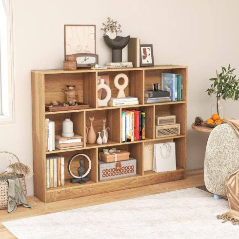 3 szintes rendező 10 kockás könyvespolc 140 cm-es fa vitrines polc nappaliba - természetes