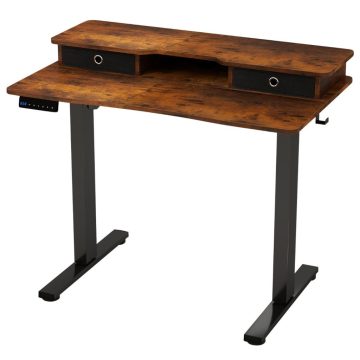   Elektromos ülő-állvány íróasztal 100x60 cm 2 fiókkal, állítható magasságú monitorállvány Tárolópolc Rusztikus barna