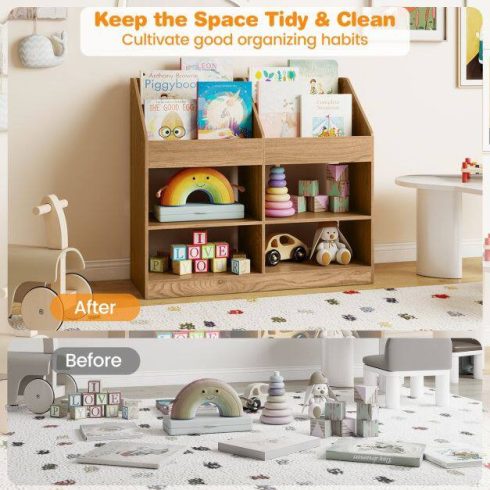 3 szintes gyerekkönyvespolc bemutató állvánnyal és 4 rekesszel a gyerekszoba számára – természetes
