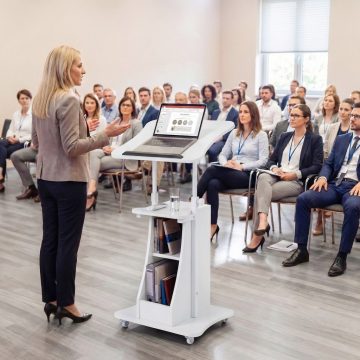   Emelvény, állítható magasságú, álló íróasztal kerekekkel & Dönthető asztal, mobil álló íróasztal, fehér