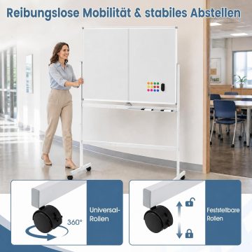   120 x 90 cm Mobil Fehér Tábla Zárható Univerzális Kerekekkel és Kétoldalas Mágneses Felülettel - Fekete