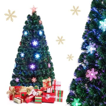   150 cm-es üvegszálas karácsonyfa, ünnepi díszfa PVC ágakkal, LED lámpákkal és hópelyhekkel