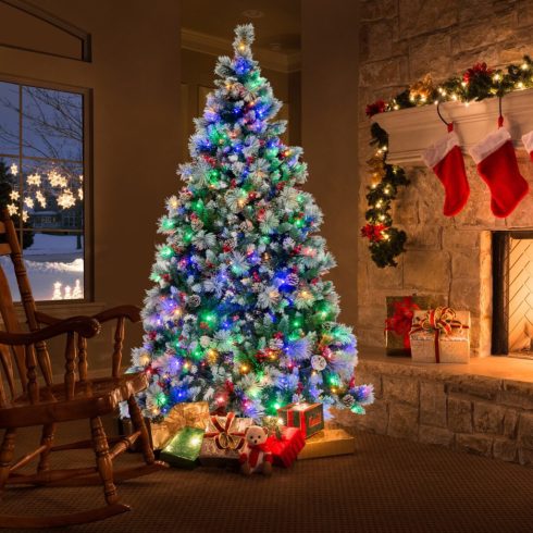 Ø125 x 215 cm Karácsonyfa LED lámpákkal Karácsonyfa bogyókkal zöld+fehér