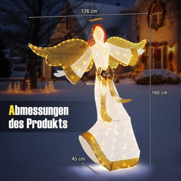   Kültéri világított karácsonyi angyal 160 cm, előre megvilágított angyal glóriával és szárnyakkal, 180 meleg fehér LED fénnyel, földi rögzítők és csatlakozók