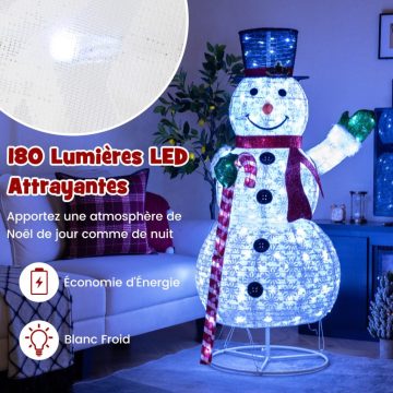   150 cm-es világító hóember előre világított karácsonyi dekoráció 180 LED lámpával, sapkával és sállal