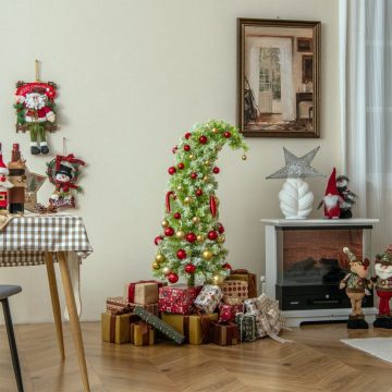   180 cm-es előre megvilágított mesterséges karácsonyfa hajlékony hegyű 290 ággal 120 meleg fehér LED 8 módban karcsú, ívelt ceruzaforma