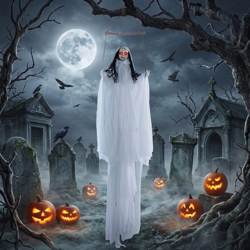 Halloween dekoráció világító szemekkel és ijesztő hangokkal