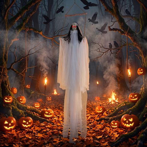 Halloween dekoráció világító szemekkel és ijesztő hangokkal