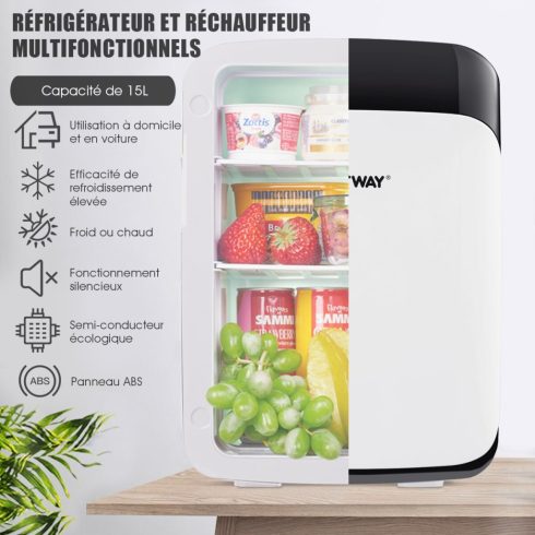 15 literes mini hűtőszekrény 2 az 1-ben hűtési és fűtési funkció Hordozható fagyasztó italhűtő 38 cm x 33 cm x 27 cm fehér E energiaosztály