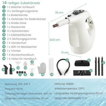   Hordozható gőztisztító túlnyomásos gőztisztító 1400 W korlátlan folyamatos gőzölés 400 ml víztartály szürke