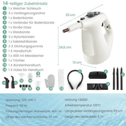 Hordozható gőztisztító túlnyomásos gőztisztító 1400 W korlátlan folyamatos gőzölés 400 ml víztartály szürke
