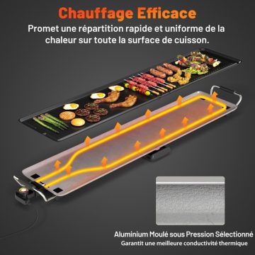   100 cm-es elektromos főzőlap tapadásmentes asztali grill állítható hőmérsékletű termosztáttal és zsírtálcával 116,5x24x10,5 cm