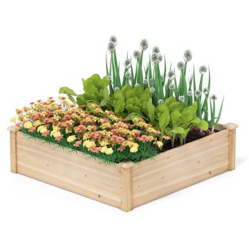   Kültéri emelt fából készült kerti ágy négyzet alakú virágtartó 102 x 102 x 30 cm nagy alaptartóval a természetes kerti teraszhoz