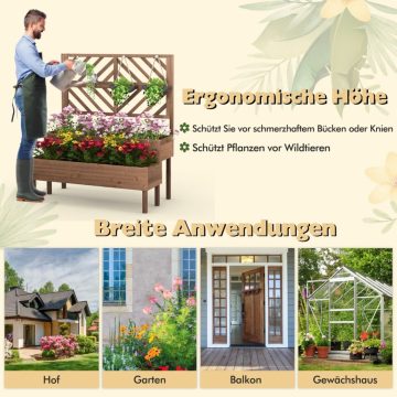   2 rétegű kerti ágy rácsos, fából készült megemelt növénytartóval, lábakkal, vízelvezető lyukkal, növénytartó barna