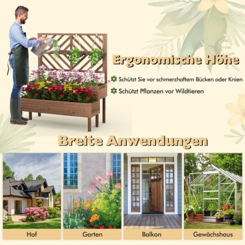 2 rétegű kerti ágy rácsos, fából készült megemelt növénytartóval, lábakkal, vízelvezető lyukkal, növénytartó barna