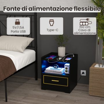  2 db éjjeliszekrény LED lámpával, USB porttal és Type-C töltőállomással, éjjeliszekrény mozgásérzékelővel, fekete