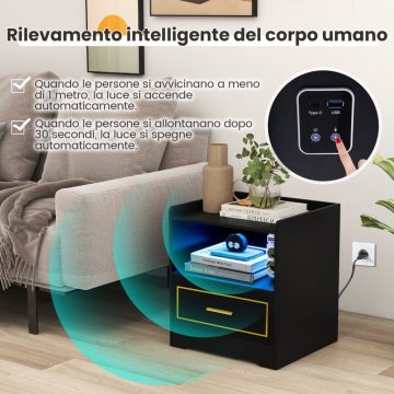   Éjjeli szekrény LED-világítással, USB-porttal és Type-C töltőállomással, mozgásérzékelővel ellátott éjjeliszekrény, fekete