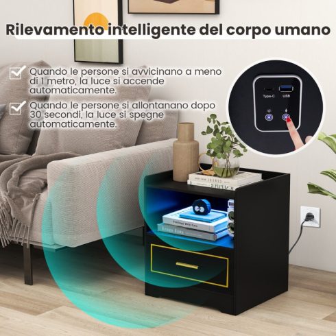 Éjjeli szekrény LED-világítással, USB-porttal és Type-C töltőállomással, mozgásérzékelővel ellátott éjjeliszekrény, fekete